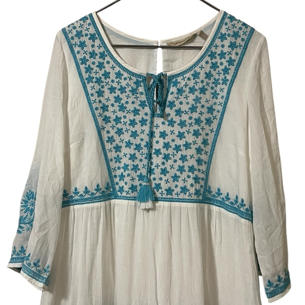 Soft Surroundings Juniper white & blue floral embroidered 3/4 sleeve midi dress - Picture 8 of 16
